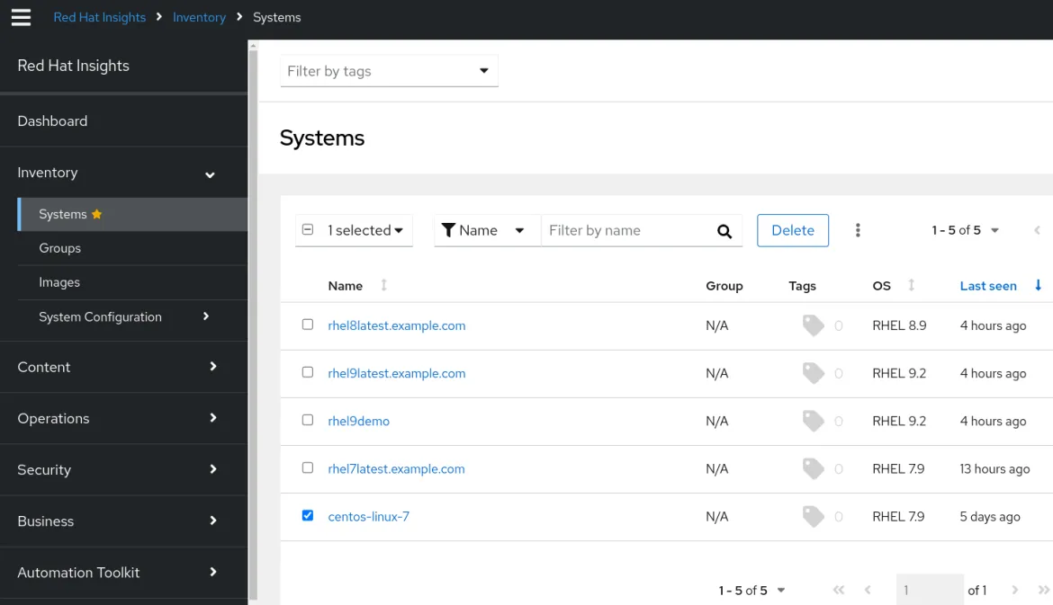 Red Hat Insights screenshot highlighting system inventory